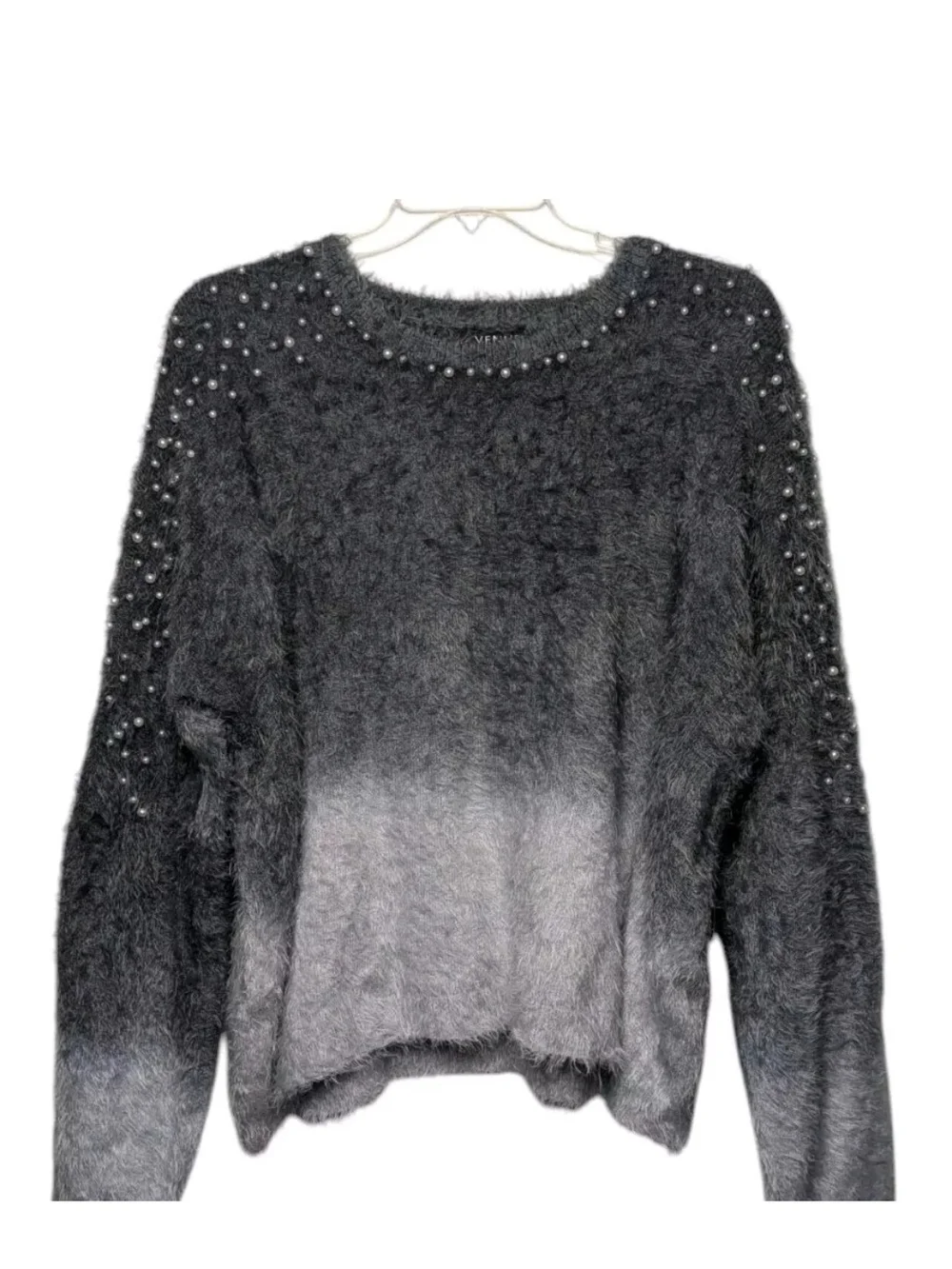 Venus Fuzzy Ombre Pearl-Embellished Sweater - Gray